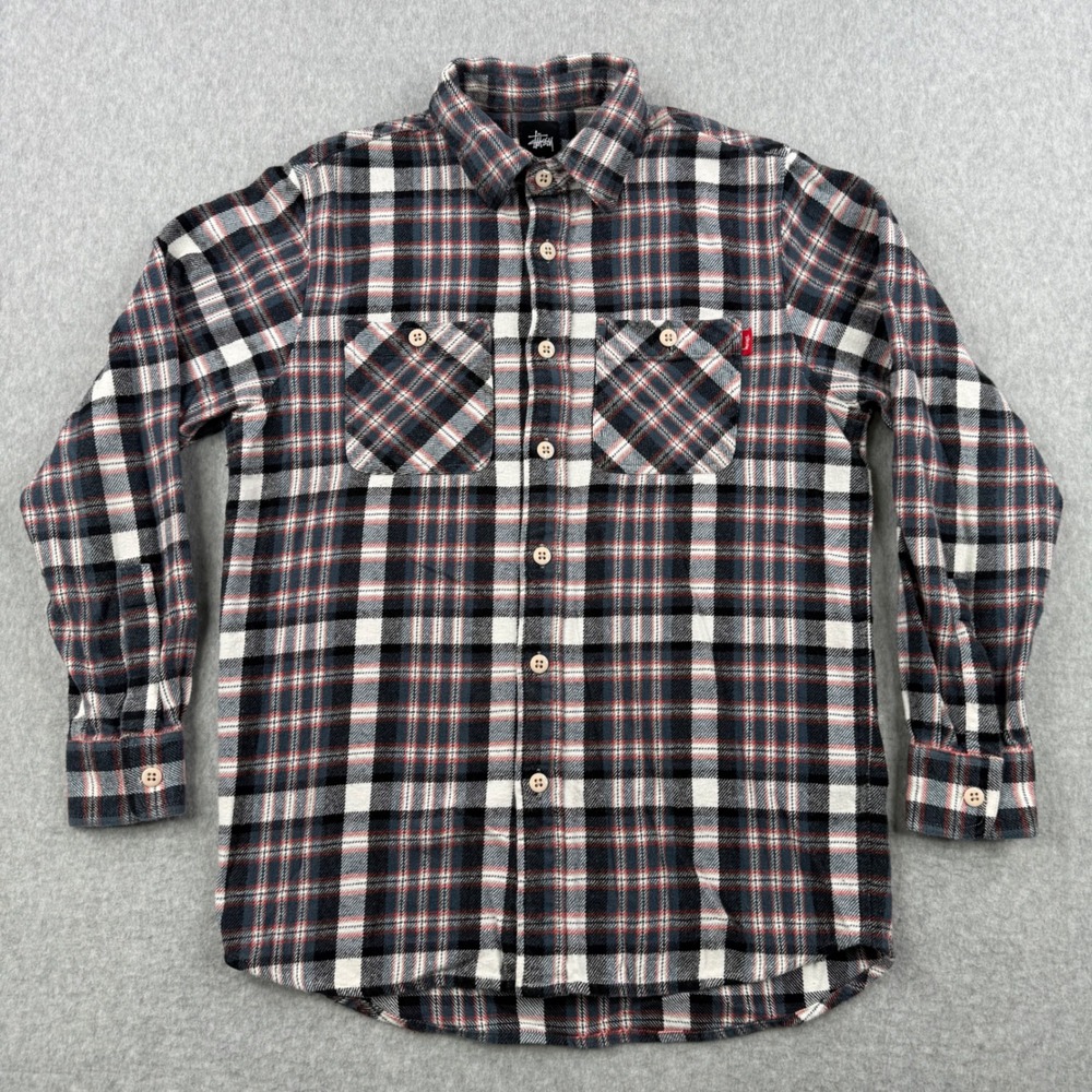 Stussy Shirt Mens Small Blue Red Plaid Flannel Button Up Long Sleeve Cotton